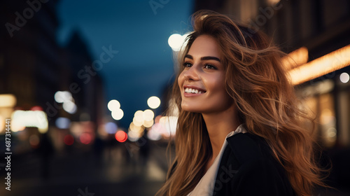 Portrait of young european fashionable female model, shot from the side, smiling, looking to the side, vibrant cityscape at night background