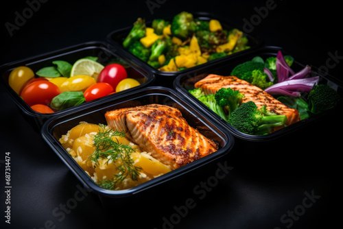 Black box with healthy food, salmon and vegetables, delivery diet theme on dark background.generative ai