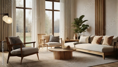 modern living room design wooden furniture with warm cozy feeling bright neutral colors © Irene