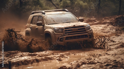 An exhilarating action shot capturing a rugged 4x4 vehicle engaged in offroading adventure, splashing through muddy terrain and wet roads, showcasing the thrill of extreme driving. © TensorSpark