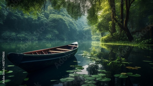 A rowboat anchored in a quiet lake surrounded by lush greenery