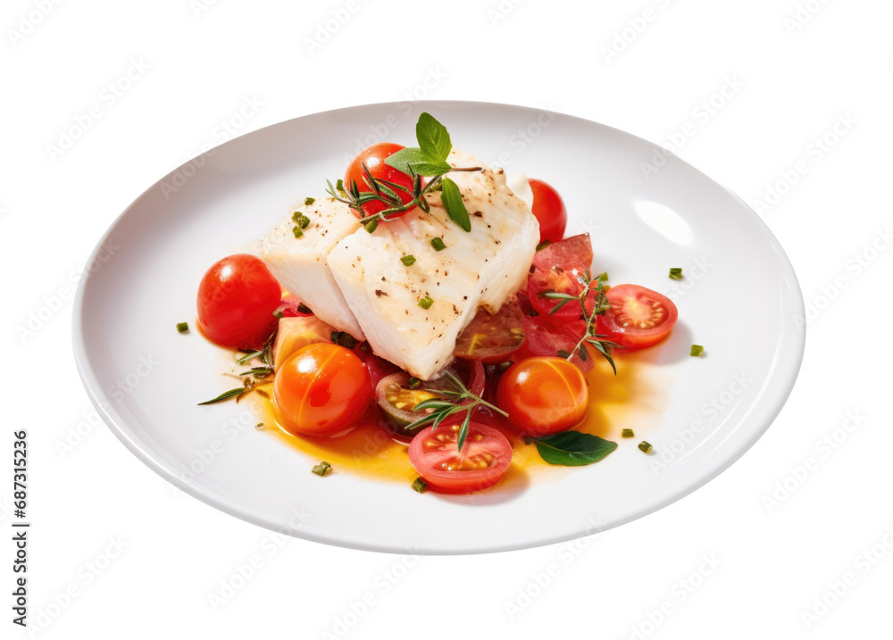 A Delicious Plate of Poached Fish with Tomatoes Isolated on a Transparent Background