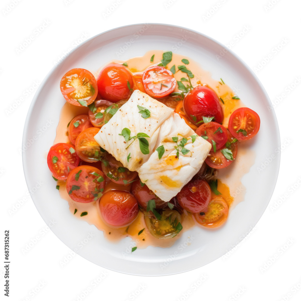 A Delicious Plate of Poached Cod Fish with Tomatoes Isolated on a Transparent Background A Delicious Plate of Poached Cod Fish with Tomatoes Isolated on a Transparent Background