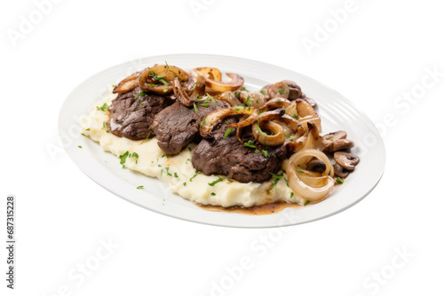 A Plate of Liver and Onions with Mashed Potatoes Isolated on a Transparent Background