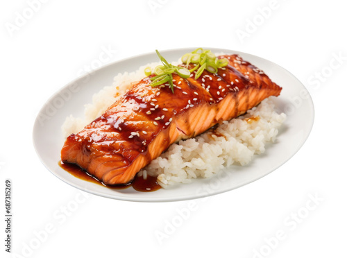 Teriyaki Glazed Salmon with White Rice Isolated on a Transparent Background