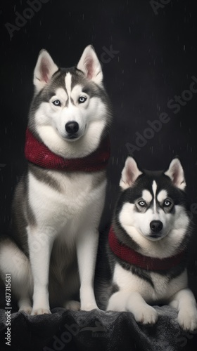 Cute dog husky wolf puppy with christmas gift boxes concept photo poster merry present red new year