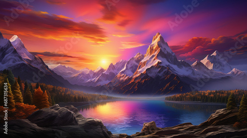 Colorful Sunset Behind Grandiose Mountain Range Background
