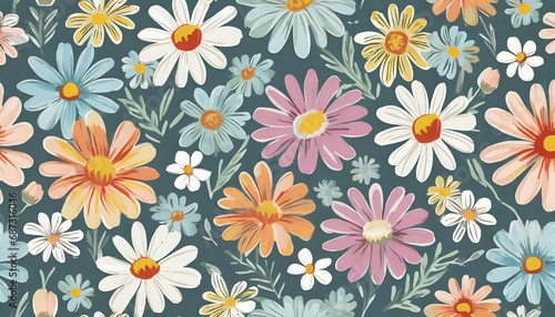 trendy floral seamless pattern vintage 70s style hippie flower background design colorful pastel color groovy artwork y2k nature backdrop with daisy flowers © Irene