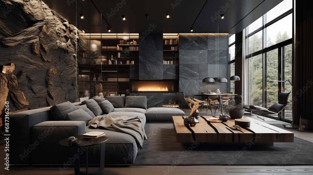 modern living room contours dark and indirect light, copy space, 16:9 modern living room contours dark and indirect light, copy space, 16:9