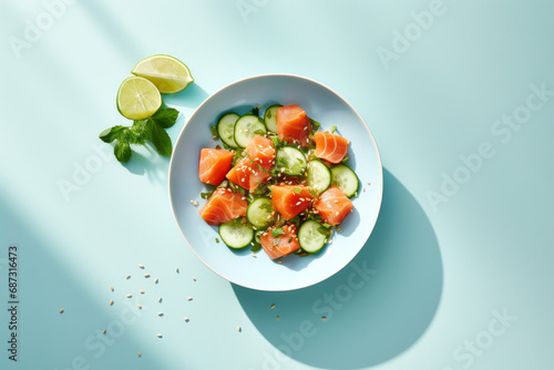 Salted salmon salad with fresh green lettuce,cucumbers.Lunch bowl on a ketogenic,keto or paleo diet.Top view with lemon elements next to it on a light blue background with space for text.generative ai photo