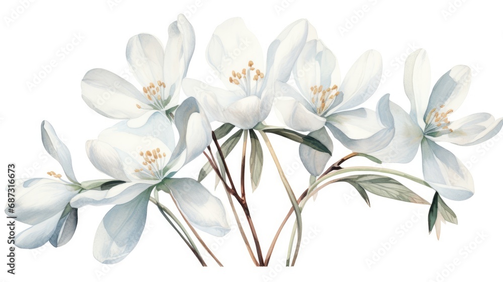 Snowdrops on white background. Hello Spring Easter concept. Beautiful blooming delicate white spring flowers illustration for invitation, greeting card, poster, wallpaper, print, web..