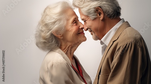 Old senior couple in love hug and embrace with romance together close-up portrait background. Hug Day, St Valentines concept. Happy mature man and woman hugging together. Elderly people in love..