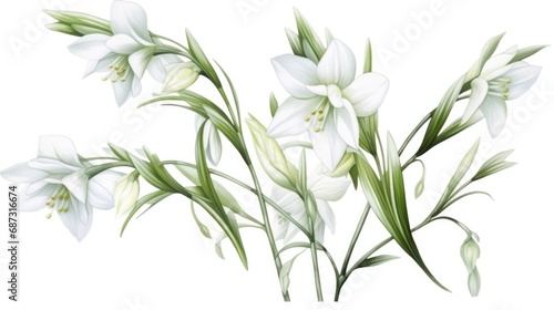 Snowdrops on white background. Hello Spring Easter concept. Beautiful blooming delicate white spring flowers illustration for invitation, greeting card, poster, wallpaper, print, web..