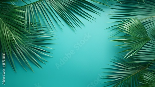 A top view of lush green palm fronds beautifully scattered on a turquoise backdrop