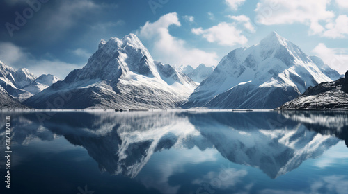 Snowy Mountain Peaks Reflecting in Calm Lake Background
