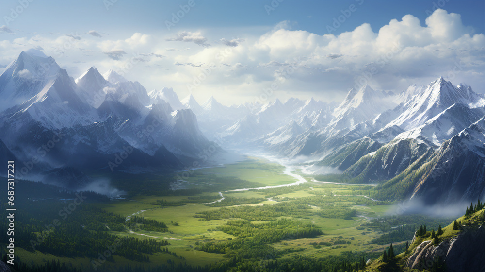 Sunlit Valley Below Snow-Capped Mountain Background