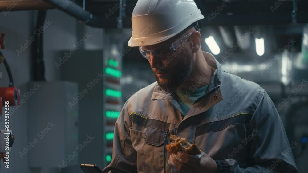 Male heavy industry worker wearing safety uniform, protective goggles and hard hat eats burger and uses phone. Professional engineer having break at modern manufacturing factory or industrial facility Male heavy industry worker wearing safety uniform, protective goggles and hard hat eats burger and uses phone. Professional engineer having break at modern manufacturing factory or industrial facility