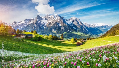 idyllic mountain landscape in the alps with blooming meadows in springtime photo