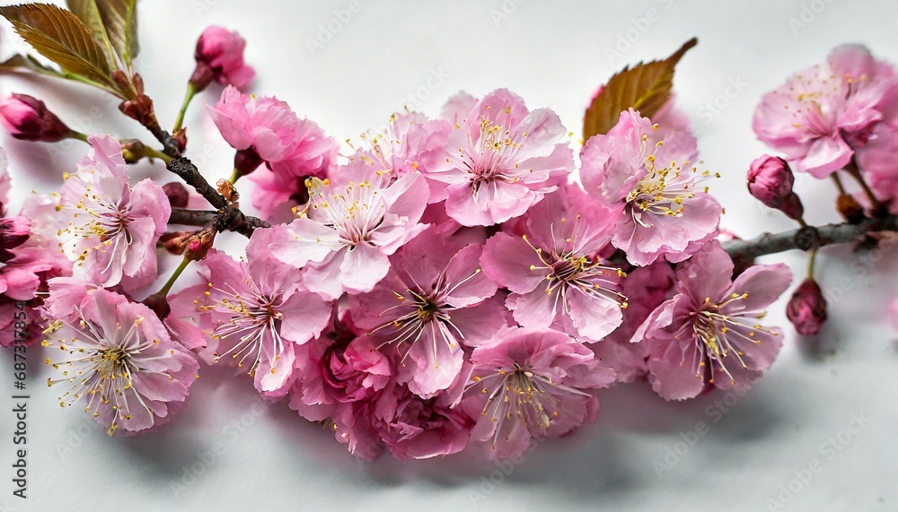 bright pink cherry tree flowers on white background close up