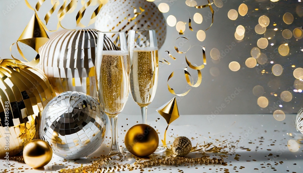 glam new years eve celebration white and gold background with balloons ...