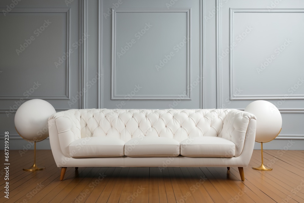 a white sofa, indoor, in front of empty wall background a white sofa, indoor, in front of empty wall background