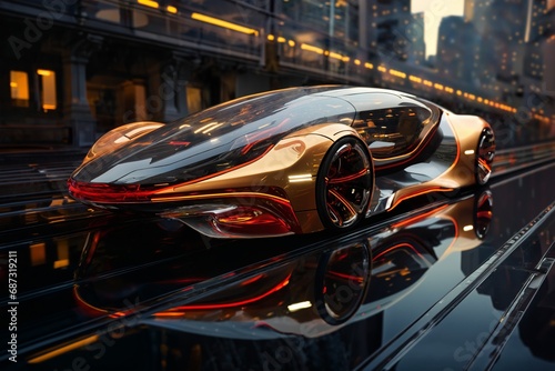 futuristic car on a glossy road, transport of the future, city streets