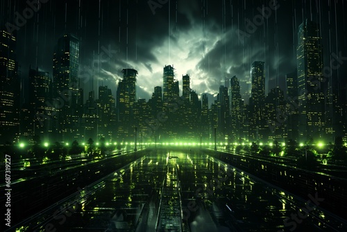 panoramic view of a futuristic metropolis at night, with virtual reality holograms, digital future, cyberspace visualization, street lights, illumination