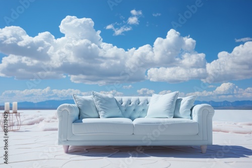 a white sofa on a blue sky background with clouds © soleg