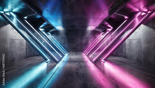 sci fi arrows shaped neon cyber futuristic modern retro alien dance club glowing purple pink blue lights in dark empty grunge concrete reflective room corridor background 3d rendering photo