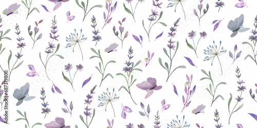Watercolor seamless pattern with lavender. Hand drawn floral illustration.