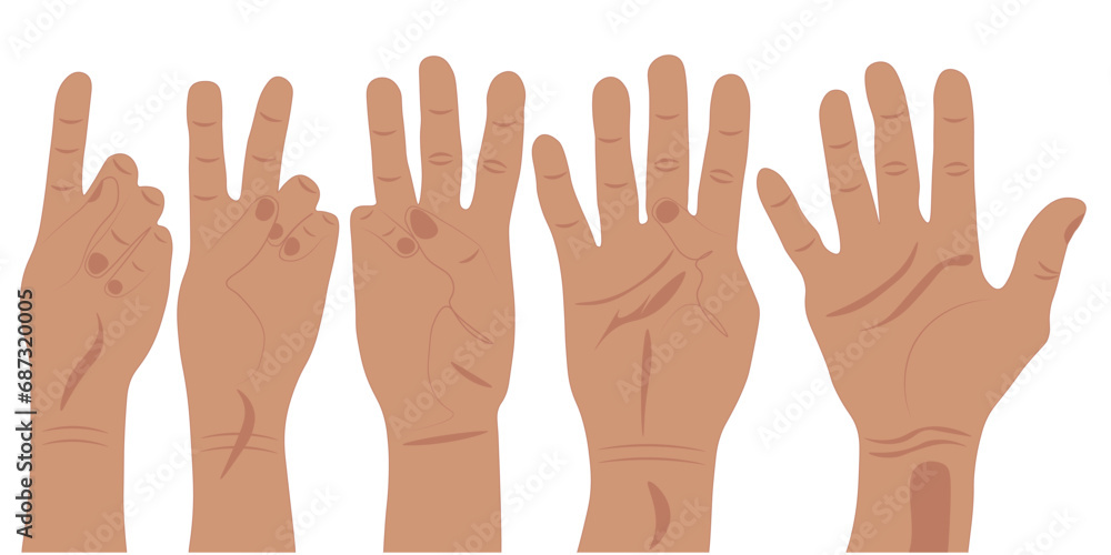 Obraz premium Hands with fingers that show numbers and numbers. One two three four five. Signs, symbols, hand gestures