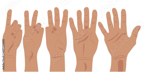 Hands with fingers that show numbers and numbers. One two three four five. Signs, symbols, hand gestures