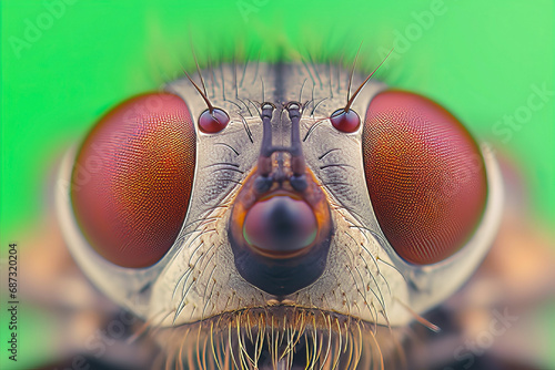 Close-up Portrait of a Stunningly Vibrant Fly Isolated on the Green Background