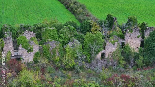 Ruins of the Convent of Mercedarios de Nuestra Señora del Pilar seen from a drone. Bridge the Queen of Jaca. Jacetania region. Huesca, Aragon, Spain, Europe photo