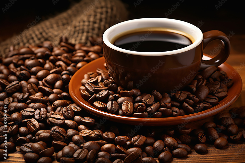 Fototapeta premium Close-up View of a Warm Cup of Freshly Brewed Coffee with Scattered Aromatic Coffee Beans