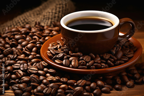 Close-up View of a Warm Cup of Freshly Brewed Coffee with Scattered Aromatic Coffee Beans