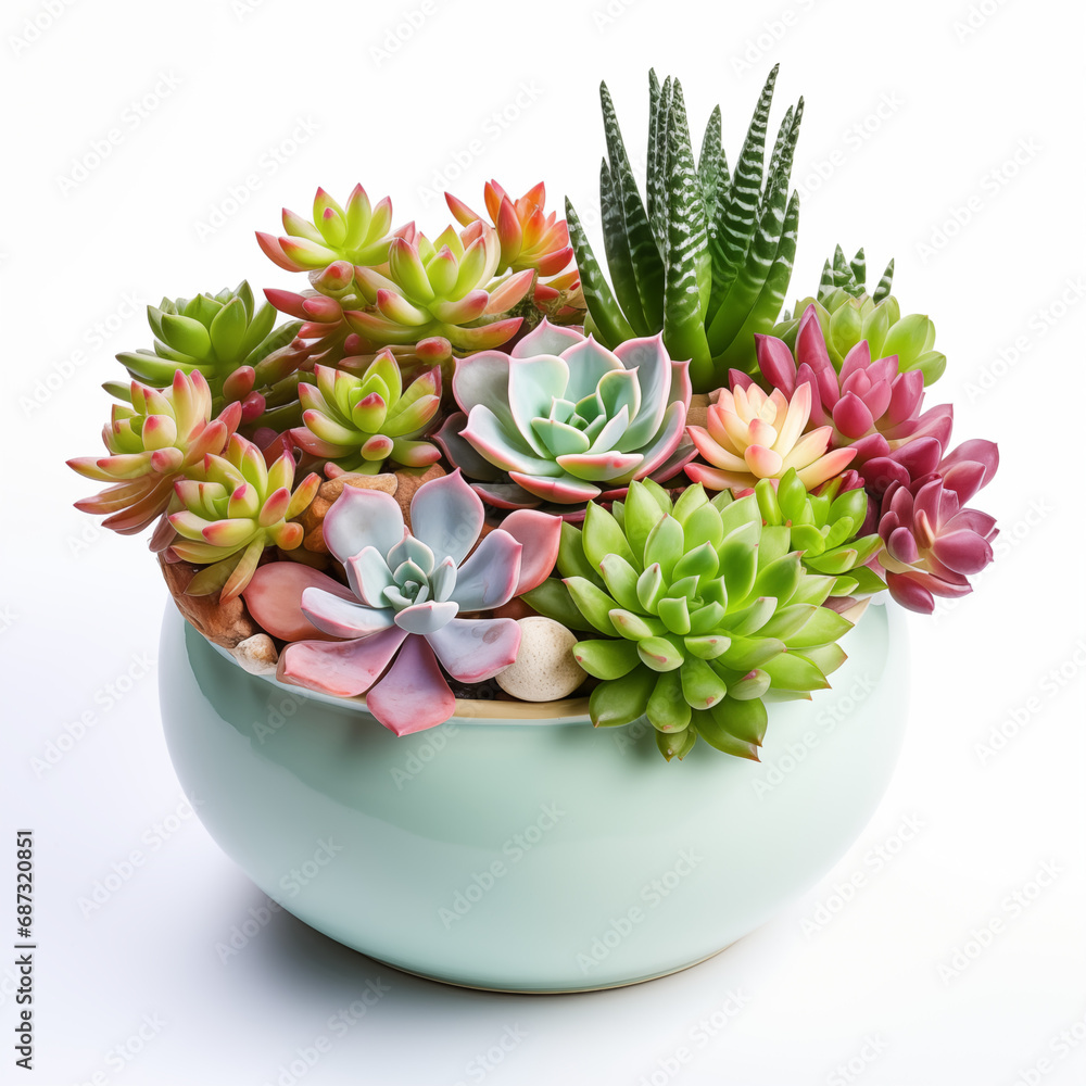 Multicolor succulents in ceramic pots on white background Multicolor succulents in ceramic pots on white background