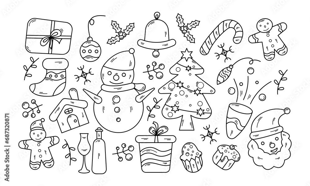 Black and White Hand Drawn of a Set of Christmas Elements, in Doodle Style