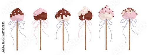Cake pops in the shape of a heart. A set of themed desserts for Valentine's Day. Vector graphics.