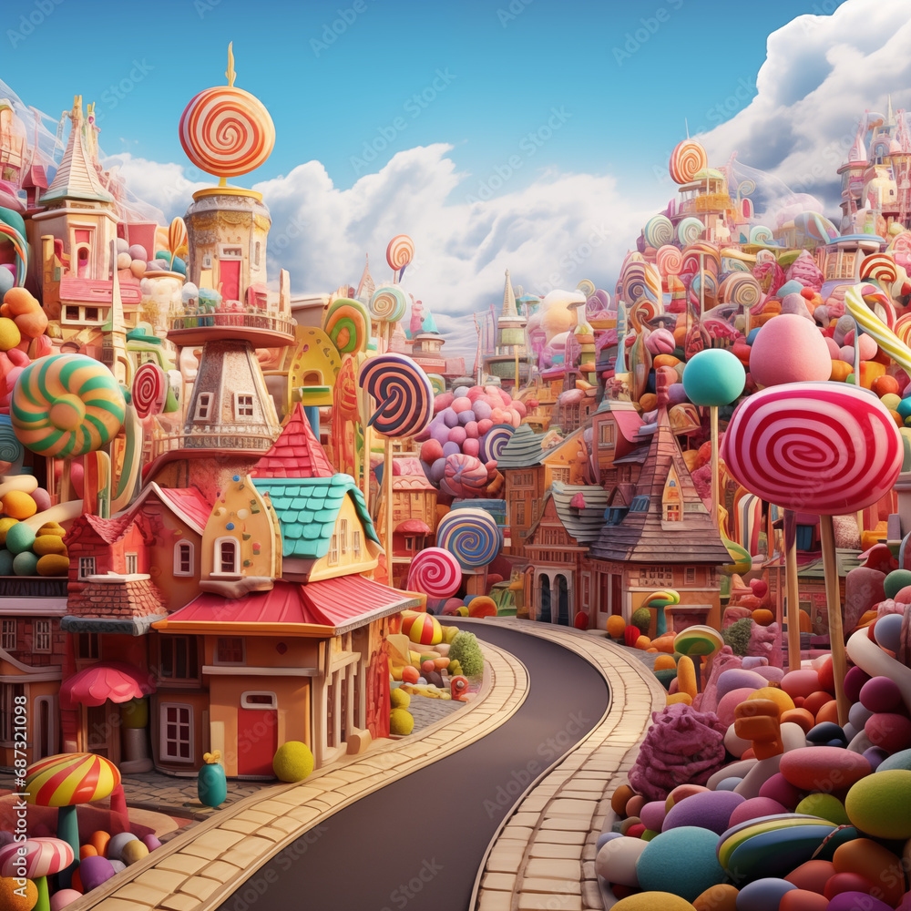 A city with buildings made with candy, lollipop, cookies, marshmallow, cotton candy, bright, colorful, fairy tale, fantasy town A city with buildings made with candy, lollipop, cookies, marshmallow, cotton candy, bright, colorful, fairy tale, fantasy town