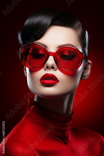 fashion model wearing red sunglasses on a plain red background with funky hair 