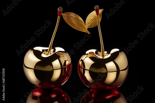 metal chrome cherries ornament on a plain background