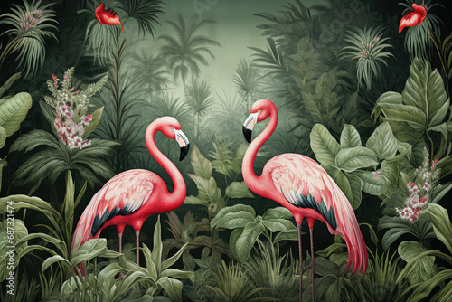 wallpaper jungle and leaves tropical forest mural flamingo and birds old drawing vintage background 