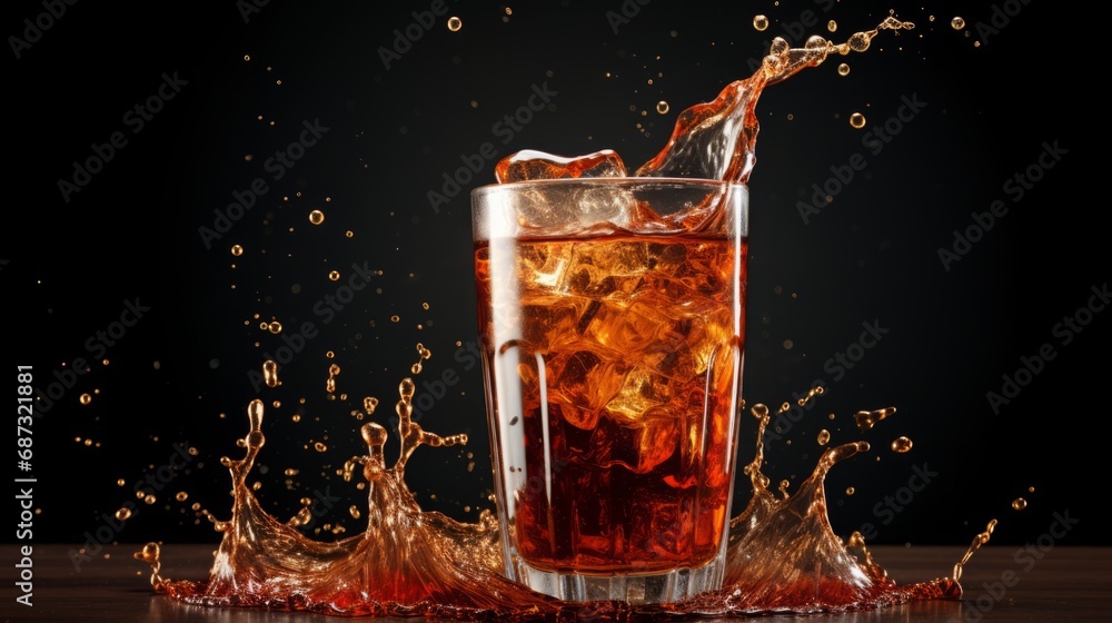 iced coke with splashing liquid, copy space, 16:9 iced coke with splashing liquid, copy space, 16:9