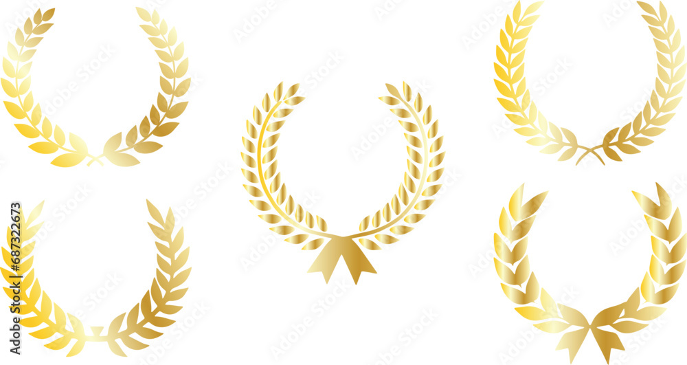 Set of laurel wreaths. Award in the form of laurel leaves in a golden silhouette, achievement, wreath, heraldry. Gold award-winning laurel wreath on a transparent background - obrazy, fototapety, plakaty 