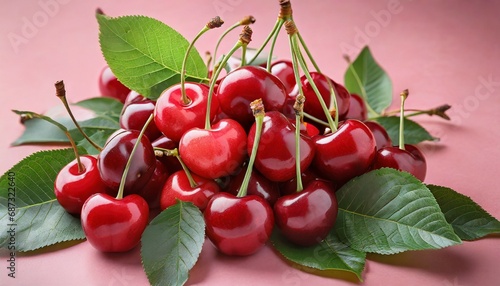 heap of sweet cherries and leaves on pink background