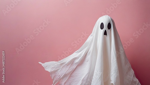 white ghost sheet costume against pastel pink background minimal halloween scary concept