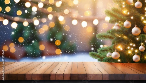 empty woooden table top with abstract warm living room decor with christmas tree string light blur background with snow