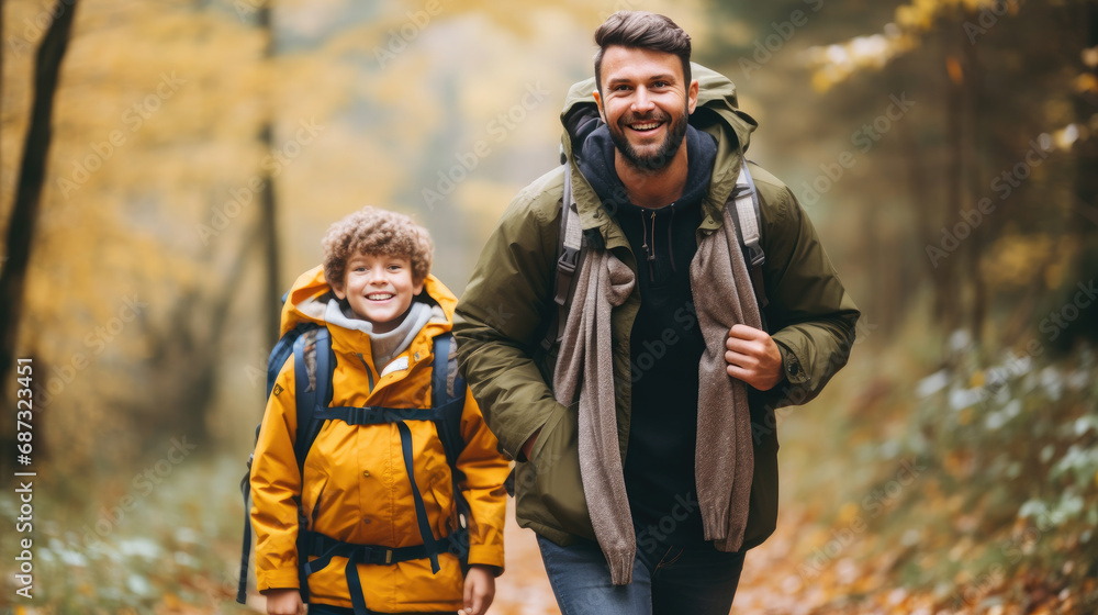 smiling son and father walking with backpacks through the forest, nature reserve, hiking, tall trees, blurred background, man, boy, trail, tourists, travel, hike, family, weekend together, child, kid smiling son and father walking with backpacks through the forest, nature reserve, hiking, tall trees, blurred background, man, boy, trail, tourists, travel, hike, family, weekend together, child, kid