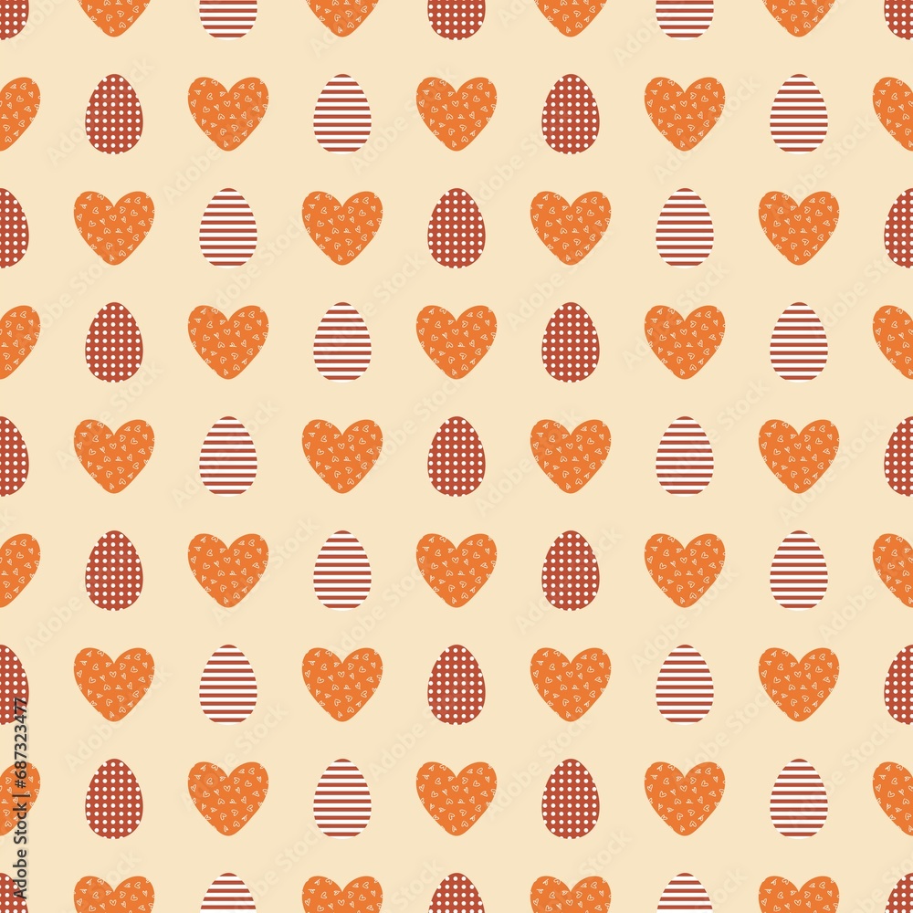 Easter seamless pattern with striped and dotted eggs and doodle hearts. Perfect print for tee, paper, fabric, textile. Vintage illustration for decor and design. Easter seamless pattern with striped and dotted eggs and doodle hearts. Perfect print for tee, paper, fabric, textile. Vintage illustration for decor and design.